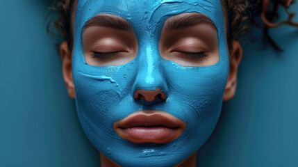 Fototapeta premium A close-up shot of a woman's face with a blue clay mask on. Her eyes are closed, and she appears to be relaxed. The blue clay mask is smooth and even.