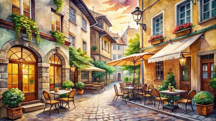 Fototapeta premium European cityscape with charming cafe, tables, and ancient buildings on old street watercolor , Europe