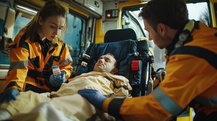 Urgent Care: Ambulance Team Paramedics Administering Emergency Medical Treatment to Patient in Ambulance