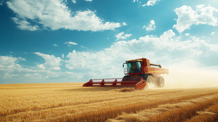 Obraz premium Futuristic Smart Combine Harvester in Field with Copyspace Sky for Text or Graphics