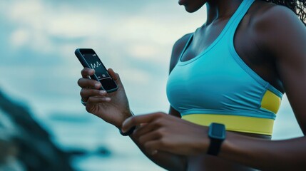 Tracking Progress: Person Using Fitness Tracker and Smartphone App During Exercise Session