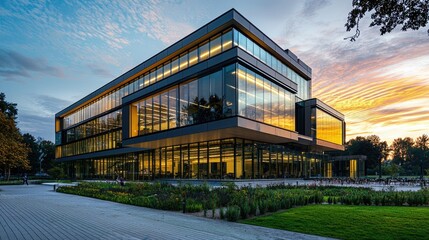 Obraz premium Futuristic Urban Oasis - Modern Architecture with Glass Facades and Green Spaces