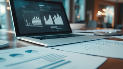 A laptop is open on a table with a stack of papers and a bowl. The laptop is displaying graphs and charts, suggesting that the person using it is working on a project or analyzing data