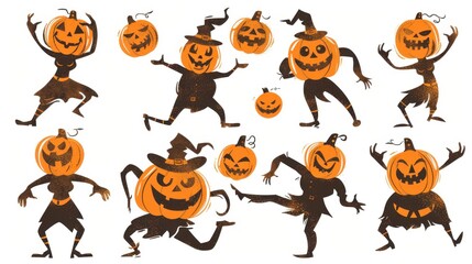 Fototapeta premium Vintage color illustrations of spooky Halloween Scary pumpkin man in various activities ,with bold lines and simple design, placed on a white background 