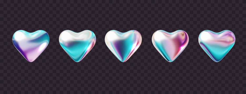 3d holographic hearts in y2k style collection. Realistic metallic vector f love symbols isolated on dark. Chrome shapes 2000s and are perfect for futuristic designs.