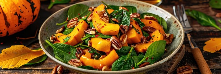 Pumpkin salad featuring spinach and nuts.