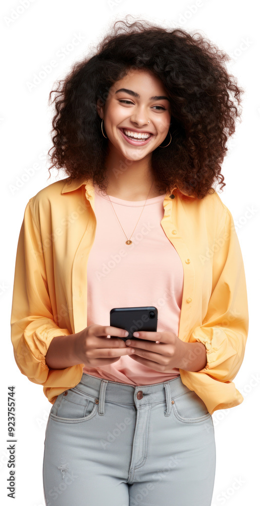 Poster png smiling woman holding smartphone