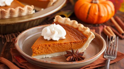 Slice of Pumpkin Pie with Whipped Cream and Star Anise
