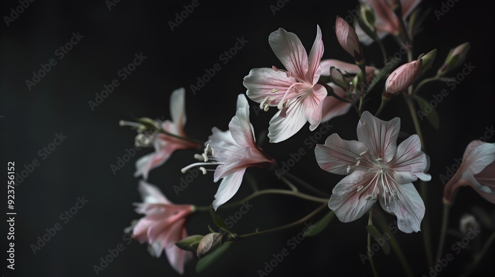 Poster Delicate Pink Flowers on a Black Background.