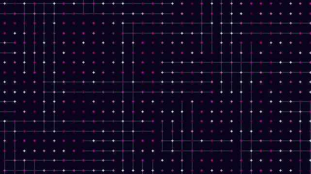 A black and white grid with scattered green dots creates a visually dynamic pattern. The dots are randomly placed within small connected squares