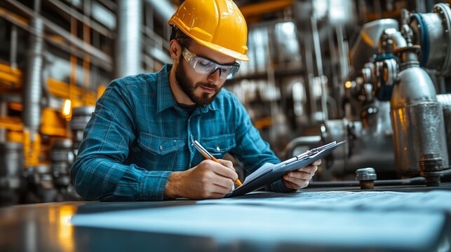 Professional engineer working on a clipboard with technical drawings, wearing safety gear with industrial machinery in the background