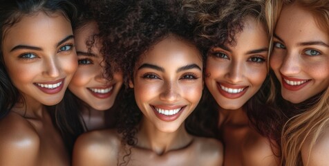 Fototapeta premium Diverse Joyful Women: A Group of Happy Multiracial Ladies Exuding Harmony and Positivity on a White Background