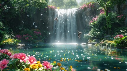 3D render of a vibrant rainforest with monkeys swinging from trees, birds flying, and a waterfall cascading into a clear pool 