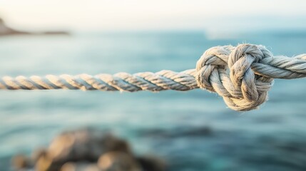 Fototapeta premium Detailed close-up of a white rope knot with a blurry ocean view in the background, perfect for nautical and marine concepts