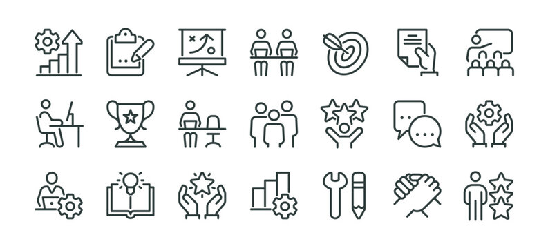 Premium icons pack on business education, learn team, practice. Such line signs as team building coaching meeting, managing and motivation. Vector icons set for web and app in outline editable stroke.