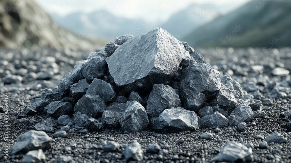Poster A collection of rugged stones rests on a textured surface amidst a tranquil mountain backdrop, illuminated by the soft glow of dawn