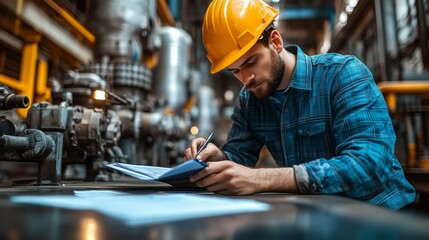 Professional engineer working on a clipboard with technical drawings, wearing safety gear with industrial machinery in the background
