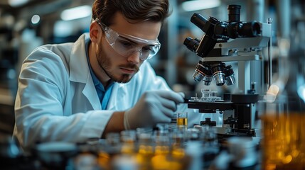 A pharmaceutical researcher conducts an analysis using a microscope amidst an array of vials containing yellow samples