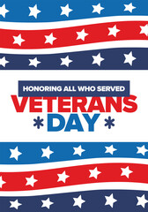 Veterans Day in United States. Federal holiday, celebrated annual in November 11. Honoring all who served. Patriotic american military concept. Poster, card, banner and background. Vector illustration