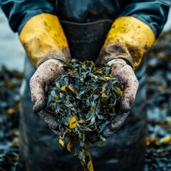 Aquaculture Farmer Holding a Bountiful Harvest of Fresh Seaweed on the Coastal Farm Beach, Embracing Sustainable Seafood Practices and Coastal Livelihoods.