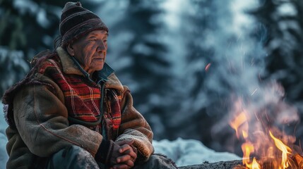 Obraz premium Tranquil senior man sitting by a crackling campfire under the starry night sky, at peace in the serene wilderness, surrounded by the beauty of nature.