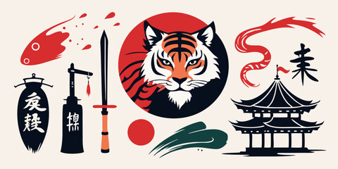 Japanese ink brush vector stain set, asian symbol collection, oriental tiger, samurai, pagoda circle. Calligraphy paintbrush traditional object, dye splatter watercolor drips. Japanese ink design 
