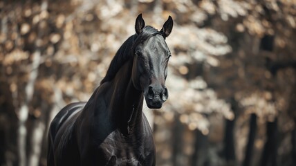 Fototapeta premium Majestic black stallion with powerful physique, flowing mane and tail, standing gracefully on a pure white background, exuding elegance and strength.