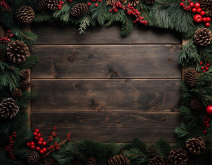 Festive wooden plank background with evergreen branches and red ornaments