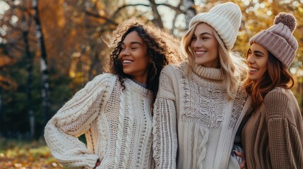 Fototapeta premium Warm Moments: Friends in Cozy Sweaters Taking a Stroll in the Park