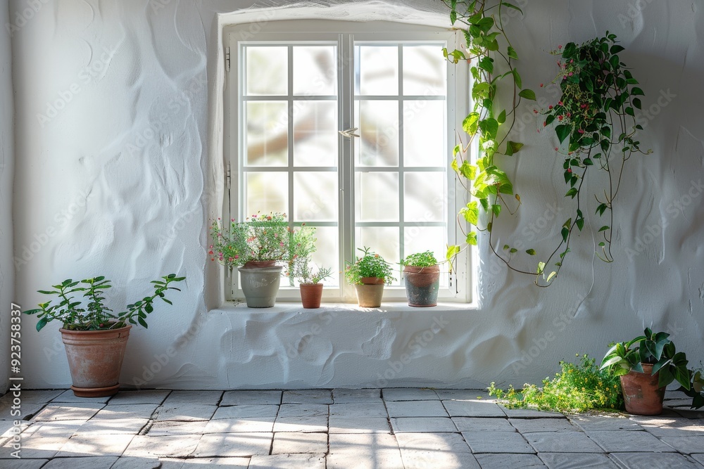 Wall mural vintage indoor-outdoor architecture with sunlit windows and doors reflecting a classic style.