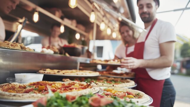 Assorted Pizzas with Pepperoni, Mushrooms, Olives, and Cheese, beautifully arranged inside a Colorful Food Truck, Ready for Customers.
