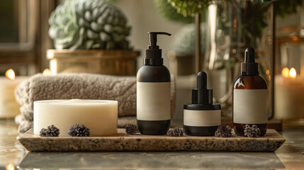 A tray with three spa products.  There are two bottles, one with a pump and one with a dropper. There is also a candle.  