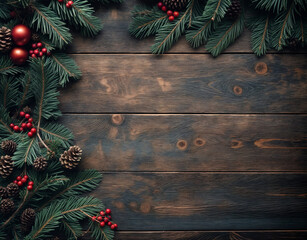 Winter wonderland wooden background with pine