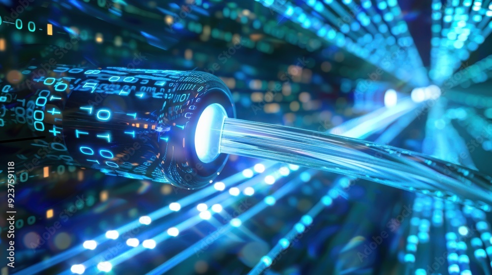 Poster stylized representation of data transmission through optical fibers, highlighted by binary code and 
