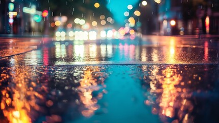 Fototapeta premium Shimmering city lights casting a dazzling reflection on the rain-soaked pavement, forming a captivating and picturesque scene beneath the starry night sky.