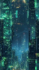 Obraz premium A futuristic city where buildings are wrapped in glowing energysaving grids, reflecting efficient energy use, neon blue and green, cyberpunk aesthetic, high detail, 3D render
