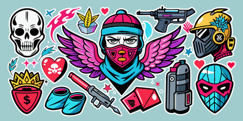 Street spray graffiti element set, grunge sticker kit balaclava, vector retro urban ghetto print. Gangster tattoo kit, underground can Greek sculpture head, heart, angel, blade, gun. Street graffiti
