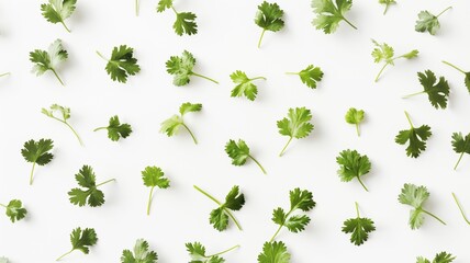 Fototapeta premium Fresh Green Cilantro Leaves on White Background. Top-Down View of Vibrant Herb with Detailed Texture. Ideal for Culinary, Health, and Organic Concepts.