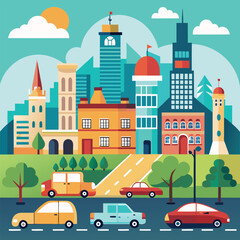 a city with cars and a city in the background