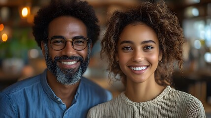 Close-up of two smiling entrepreneurs, their confident expressions and positive energy radiating success.