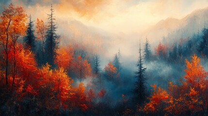 Naklejka premium Fog covering a valley of colorful autumn trees in the mountains