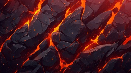 A dynamic abstract texture featuring glowing red and orange flames on dark grey rock, with lava flowing and red sparks erupting from a volcano