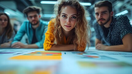 Energetic young professionals brainstorming together in a bright, open office space, their innovative thinking and teamwork driving creative solutions.