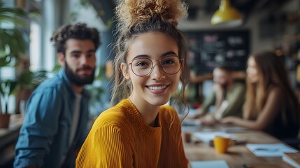 Energetic young professionals brainstorming together in a bright, open office space, their innovative thinking and teamwork driving creative solutions.