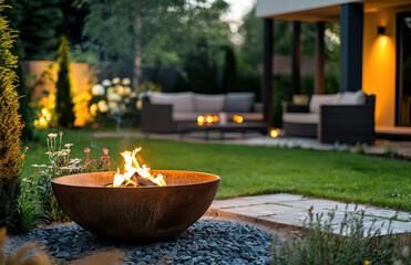 A beautifully designed backyard featuring a fire pit surrounded by cozy seating, lush greenery, and ambient lighting, making it perfect for evening gatherings.