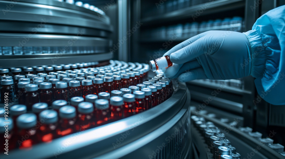 Aufkleber A gloved hand retrieves a vial from a rotating rack filled with gleaming red glass containers in a controlled laboratory environment