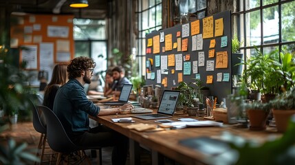 Innovative young team in a contemporary office space, using digital devices and whiteboards to communicate and plan their projects.