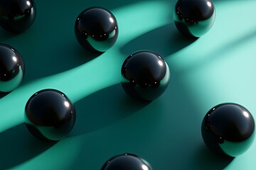 Minimalist 3D Design with Matte Black Spheres Arranged in a Grid on a Deep Emerald Green Surface, with a Teal to Dark Green Gradient Background and Soft Light Edging