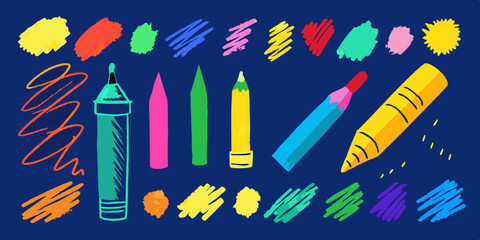 Crayon doodle scribble set, vector brush stroke chalk lines marks kit, color pencil texture mess. Children hand drawn sketch kit kid marker scratch grunge graphic decor. Pen doodle scribble collection