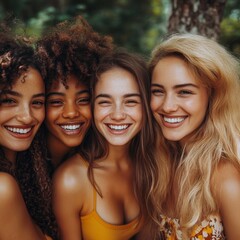 Fototapeta premium Diverse Joyful Women: A Group of Happy Multiracial Ladies Exuding Harmony and Positivity on a White Background